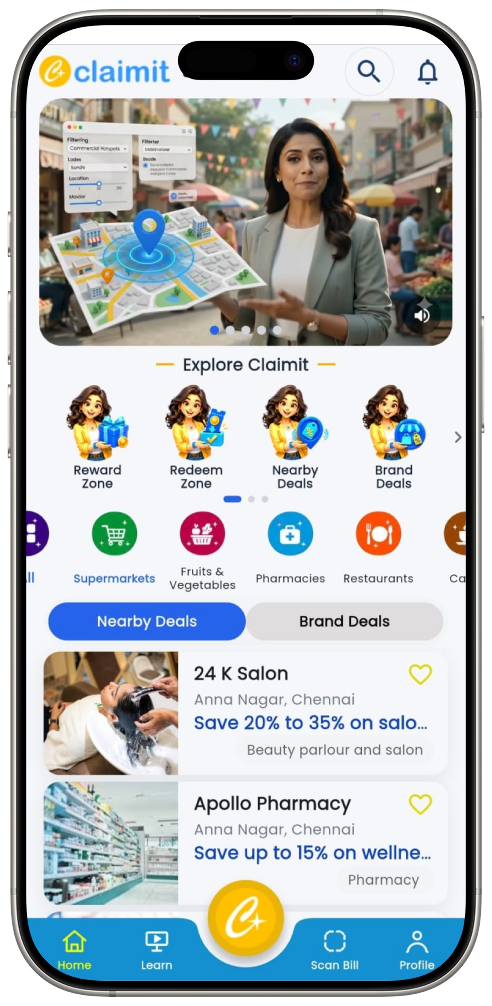 CLAIMIT app home screen showing nearby deals